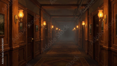 Obraz na płótnie Mysterious dimly lit hotel hallway with fog, pixel art illustration