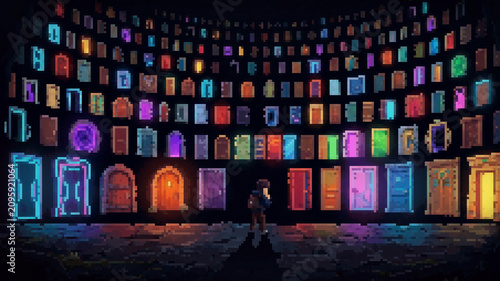 Photos Conceptual pixel art illustration of a person facing a wall of mysterious glowin