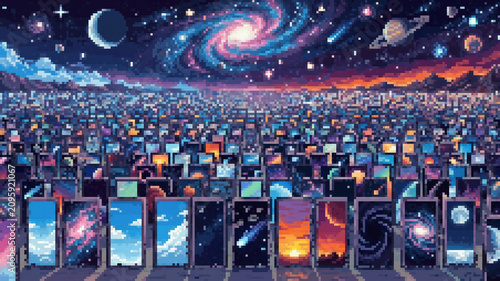 Cuadro en lienzo Infinite array of cosmic art cards under a starry galaxy sky, pixel art illustra