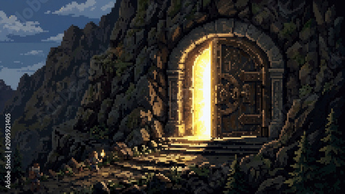 фотографія Surreal pixel art illustration of a glowing magical door built into a mountain w