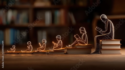 Reading Journey Through Life from Childhood to Old Age Concept