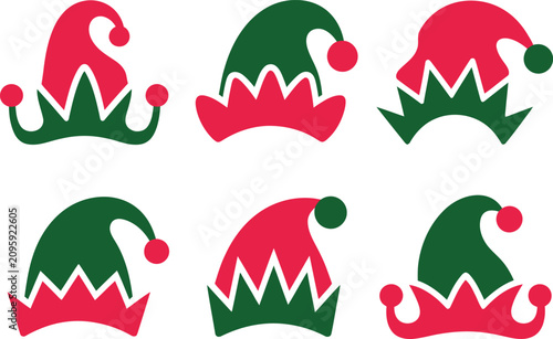 Quadro su tela Collection of six different colored elf hats with pom poms on white background