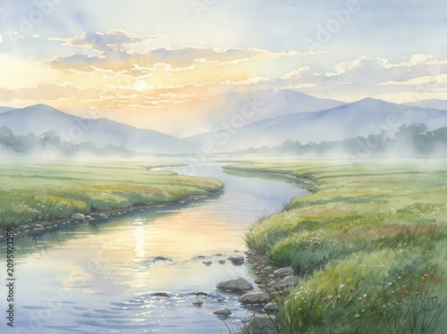 A serene watercolor painting of a river winding through grassy fields with distant mountains under a soft, cloudy sky at sunrise or sunset.
