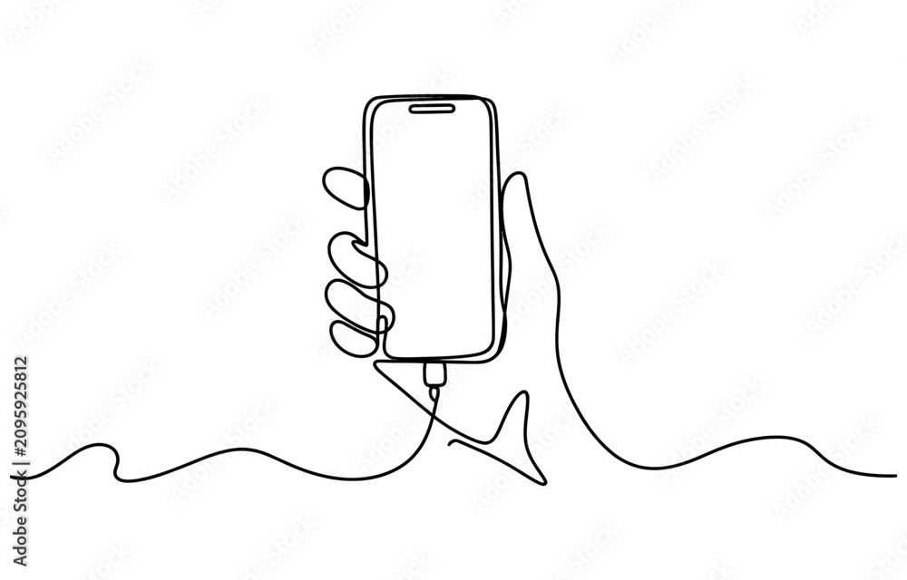 Obraz premium Continuous one line drawing of a hand holding a mobile phone connected to a charging cable Vector, illustration