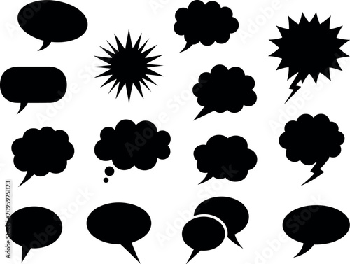 Fotografie Professional set of black comic speech bubble silhouettes and cloud thought icons with flat lighting on white background