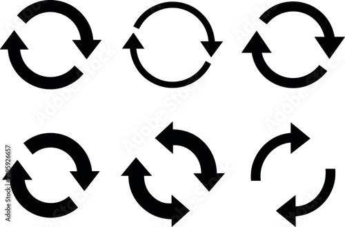 Professional set of six black rotating arrow icons representing sync and recycle processes on a clean white background.