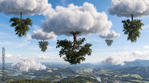Trees growing from fluffy white clouds in blue sky. Surreal floating island landscape with lush green foliage and dreamy atmosphere