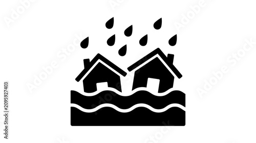 Tablou pe pânză Flooding Icon With Houses And Raindrops Black Silhouette On White