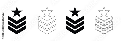 Military rank badge vector icon collection featuring editable stroke chevron emblems in simple flat line style, army insignia, service rank symbols and uniform patches, modern vector illustration