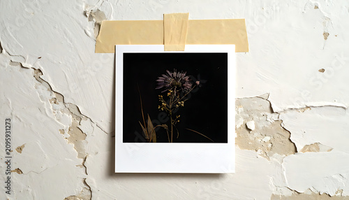 Polaroid Photo of a Delicate Flowering Plant Taped to a Weathered Wall Texture