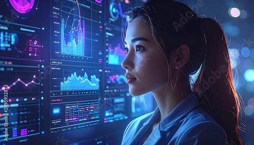 Neon Control Room With Female Data Analyst Studying Dynamic Graphs And Charts