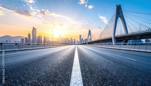 An empty asphalt road leading towards a modern suspension bridge and city skyline at sunrise. Evoking progress and endless journeys, this scenic urban highway features nobody.