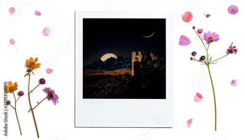 Night Landscape Inside Frame With Snowy Mountain And Tower Beneath Dark Sky