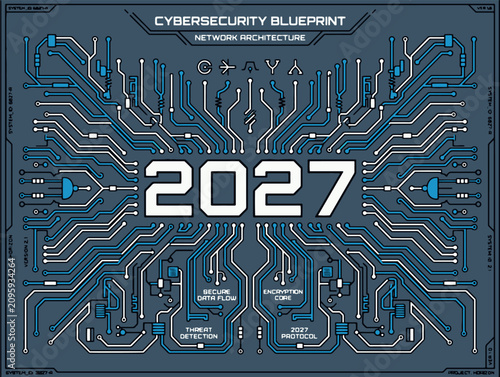 Futuristic cybersecurity blueprint with digital circuit board design and central 2027 text highlighting secure data flow encryption core and threat detection