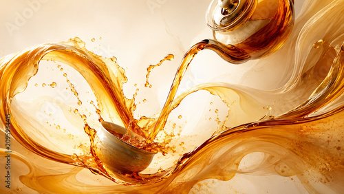 Dynamic artistic composition of golden tea pouring from a polished teapot into a ceramic cup, surrounded by dramatic amber liquid waves, splashes and flowing motion.