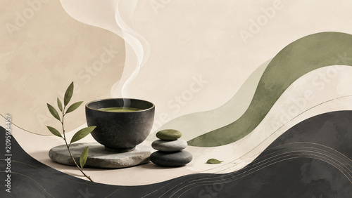 Minimal zen composition featuring a steaming black cup of green tea, balanced spa stones, delicate leaves and flowing sage, beige and charcoal abstract waves.