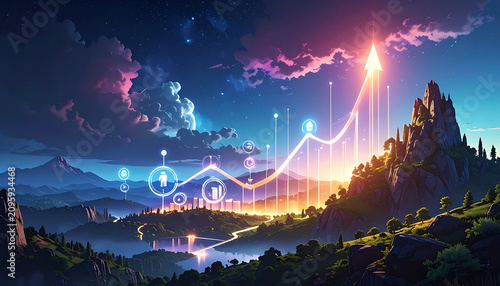 Night Landscape With Neon Light Trails And Starry Sky Over Mountain Valley