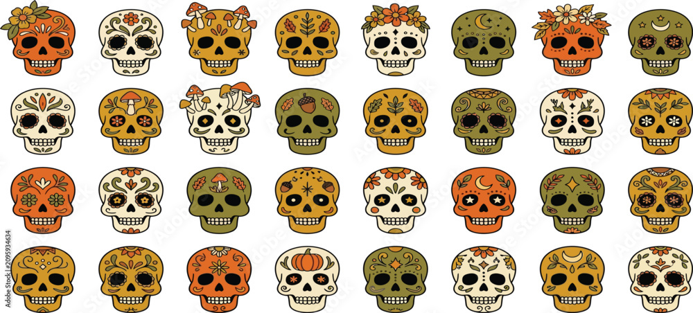 Fototapeta premium Decorative sugar skull collection with fall harvest and floral patterns skull design halloween day-of-the-dead collection calavera tradition mushroom illustration creative celebration