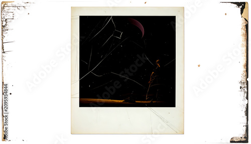 Night Sky Inside a Weathered Instant Photo Frame With Crescent Moon and Stars
