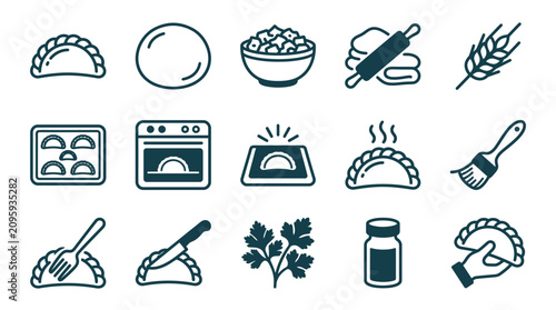 Foto Set of 15 linear icons representing the step-by-step process of making dumplings, empanadas, or pierogi, including ingredients, rolling dough, baking in the oven, and serving food