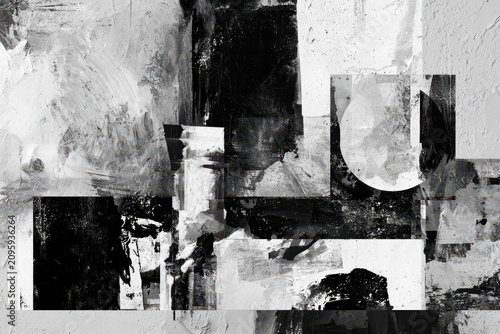 Monochrome abstract texture featuring distressed geometric shapes and gritty splatters in a minimalist studio composition for urban branding