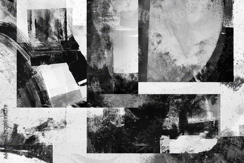 Gritty black and white abstract composition with sharp focus on distressed geometric layers for contemporary editorial and music cover design