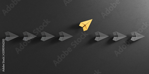 Single yellow Origami Plane Leading Separated black Paper Plane Groups