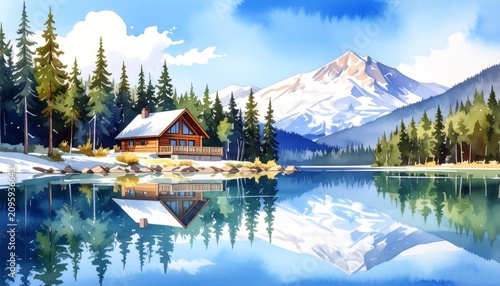 Serene mountain lake with wooden cabin and pine forest reflection.