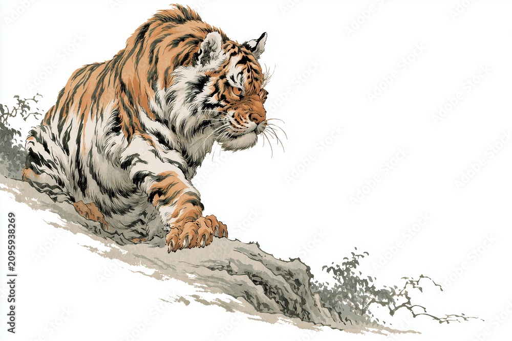 Obraz premium Dynamic illustration of a powerful tiger on a rocky slope, traditional Asian ink painting style