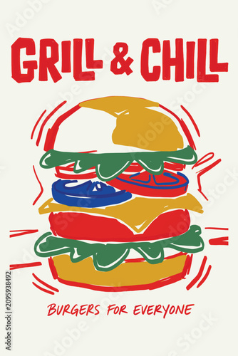 Картината върху платно Burger Illustration with Vibrant Hand Drawn Style for Summer Casual Dining