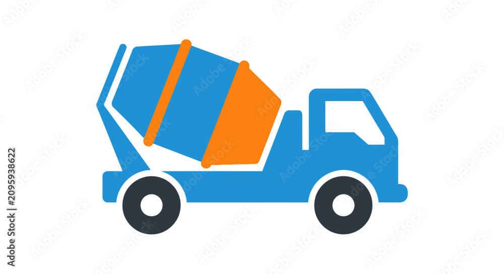 Fototapeta premium Flat vector icon of a blue and orange concrete mixer truck.