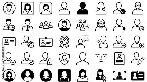 User Avatar Profile Black and White Vector Icon Set Featuring Line Outline and Solid Glyph User Interface Symbols