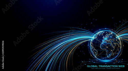 Global digital transaction network with glowing world connections
