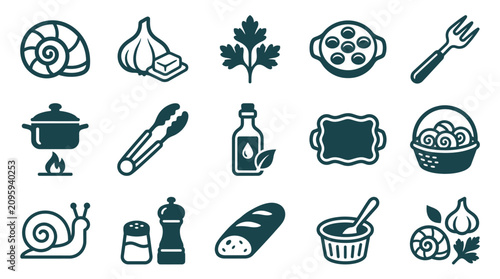 Schilderij op canvas Set of fifteen flat vector icons representing escargot preparation and French cuisine, including snails, garlic, butter, parsley, specialty cooking tools, and French baguette on white