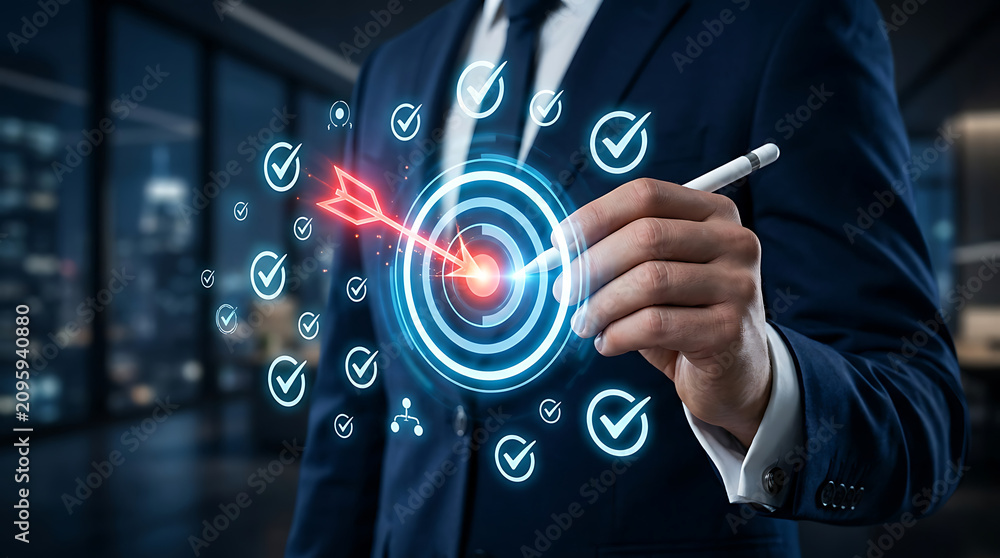 Obraz premium Advanced Business Analytics Dashboard Featuring Interactive Goal Achievement Target and Executive Driving Enterprise Growth Initiatives