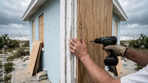 Man boarding up beach house windows with plywood and drill before hurricane