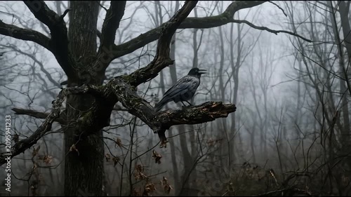 Black crow perched on a bare branch in a misty forest.