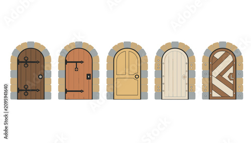 Five rustic arched doors featuring intricate iron hinges, stone-effect frames, and wooden planks in a series of historical architectural designs.