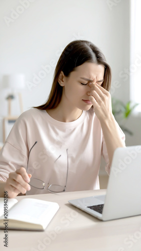 Müde Frau mit Augenproblemen am Laptop