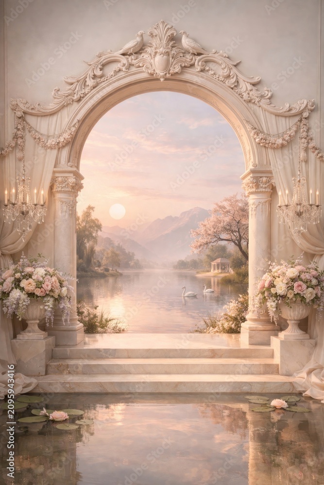 Fototapeta premium Elegant archway overlooking serene lake.