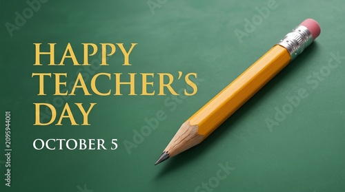 Happy teachers day celebration with pencil on green background