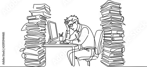 Obraz na płótnie Stressed office worker buried in large stacks of paperwork.