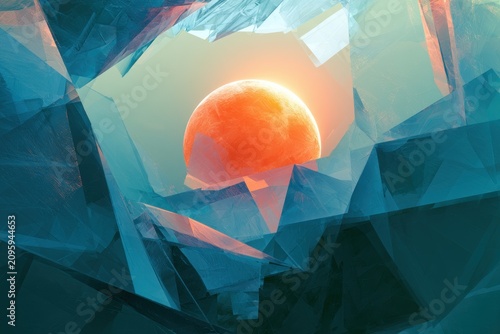 Glowing orange sphere rising behind blue crystalline peaks in a cinematic landscape for futuristic branding and sci-fi media