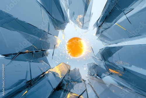 Crystalline blue shards converging toward a luminous orange sphere in a cinematic low-angle shot for technology branding and creative marketing