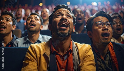 Group of diverse men react with awe and excitement in a dimly lit theater.