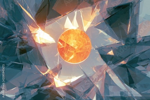 Glowing amber sphere radiating light through shattered glass shards in an abstract crystalline space macro shot for technology marketing