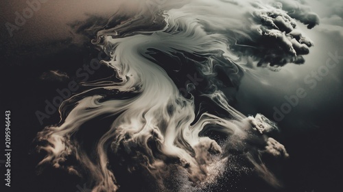 Mesmerizing abstract image of swirling white smoke curling through dark water, creating a dynamic and mysterious effect.