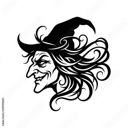 Quadro su tela Wicked witch face silhouette illustration with a pointed hat in black and white