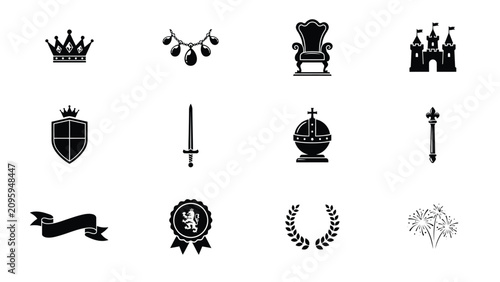 Photos Elegant black and white royalty and nobility icon set with arranged neatly grid