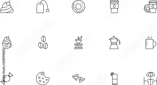 Fotografía Coffee shop and hot beverage outline vector icon set featuring tea bags sweet do